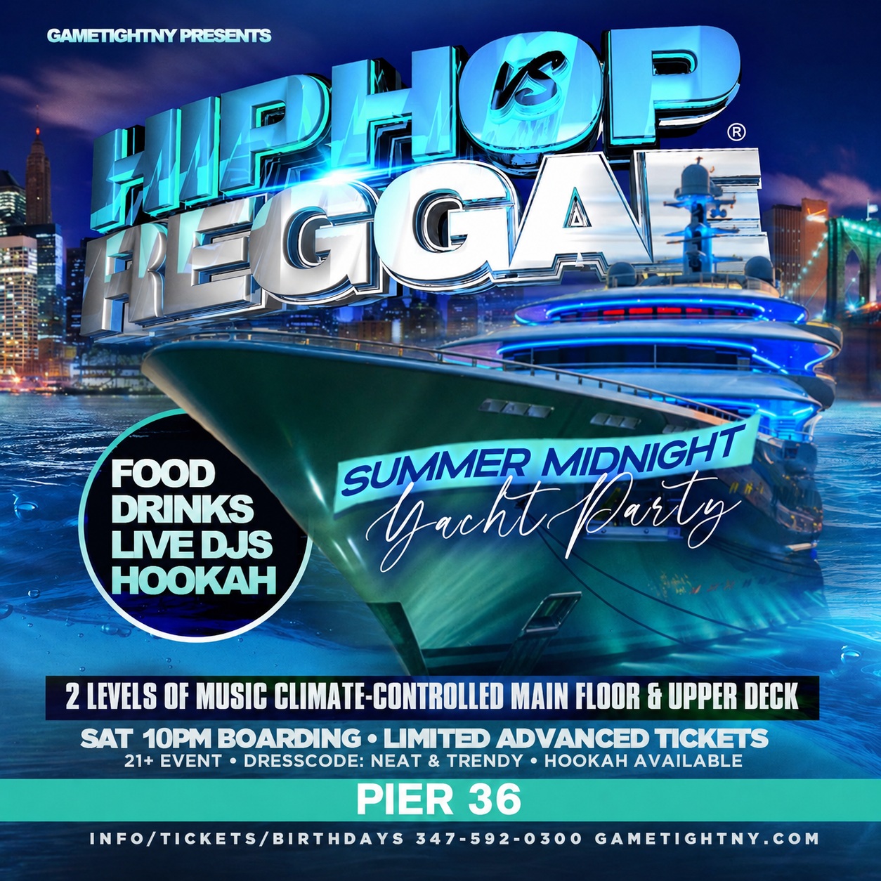 NYC HIP HOP VS REGGAE Saturday Midnight Yacht Party Cruise at Pier 36 — event image